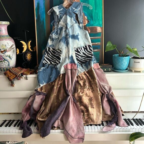 Upcycled Asymmetrical Tie-Dye Dress Denim Patchwork One Size Zebra - Picture 4 of 15